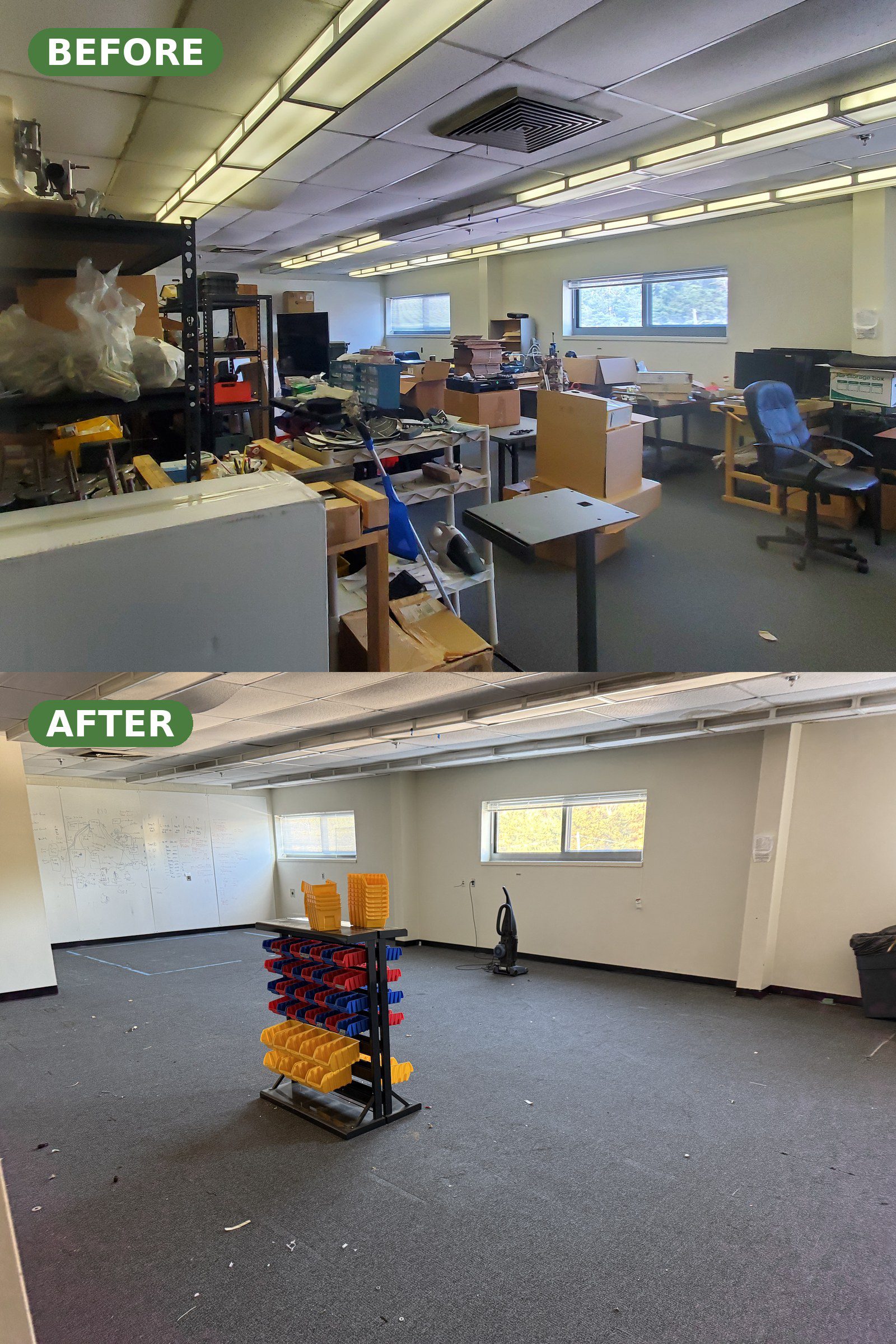 Office cleanout before and after — packed office cleared by Junk Knights