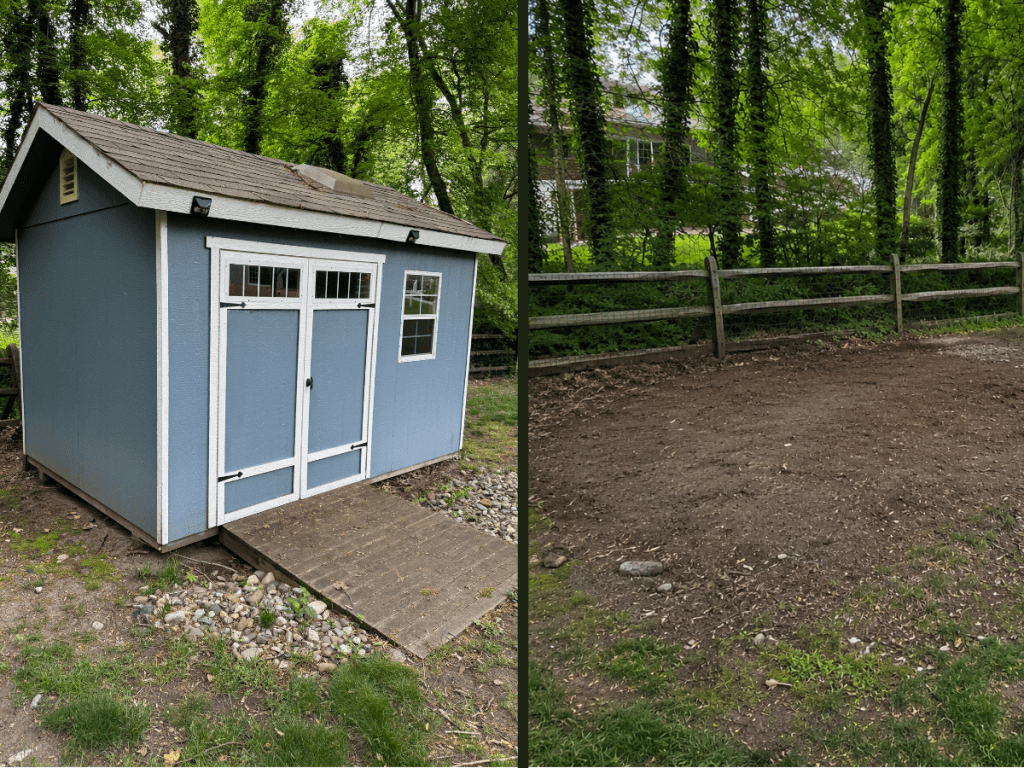 Before and after of a real Junk Knights shed removal in Anne Arundel County — old shed gone, clean open yard